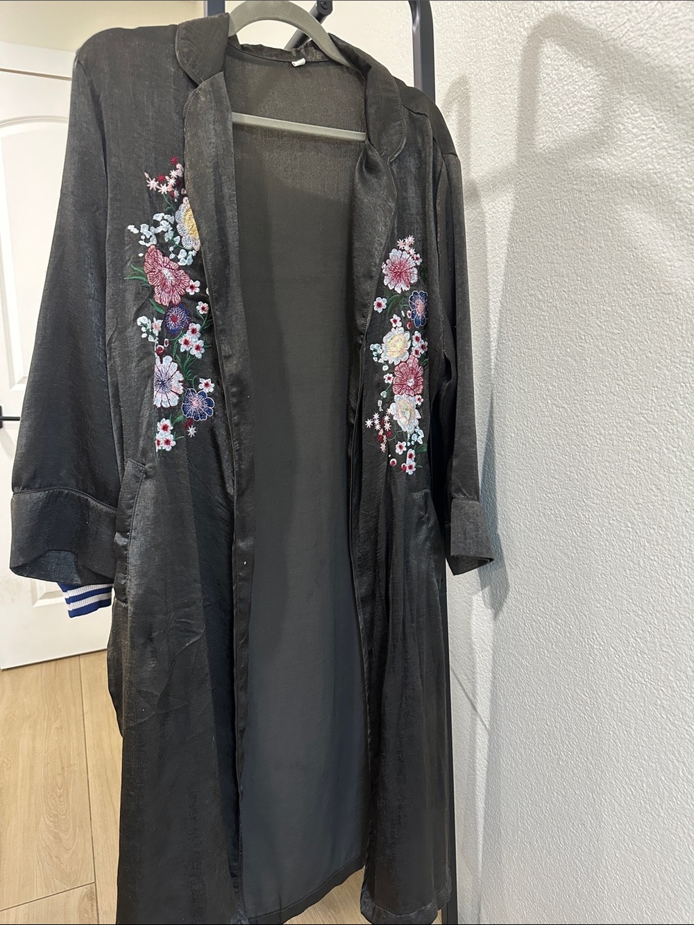 Dark Grey Floral Embroidered Satin Robe